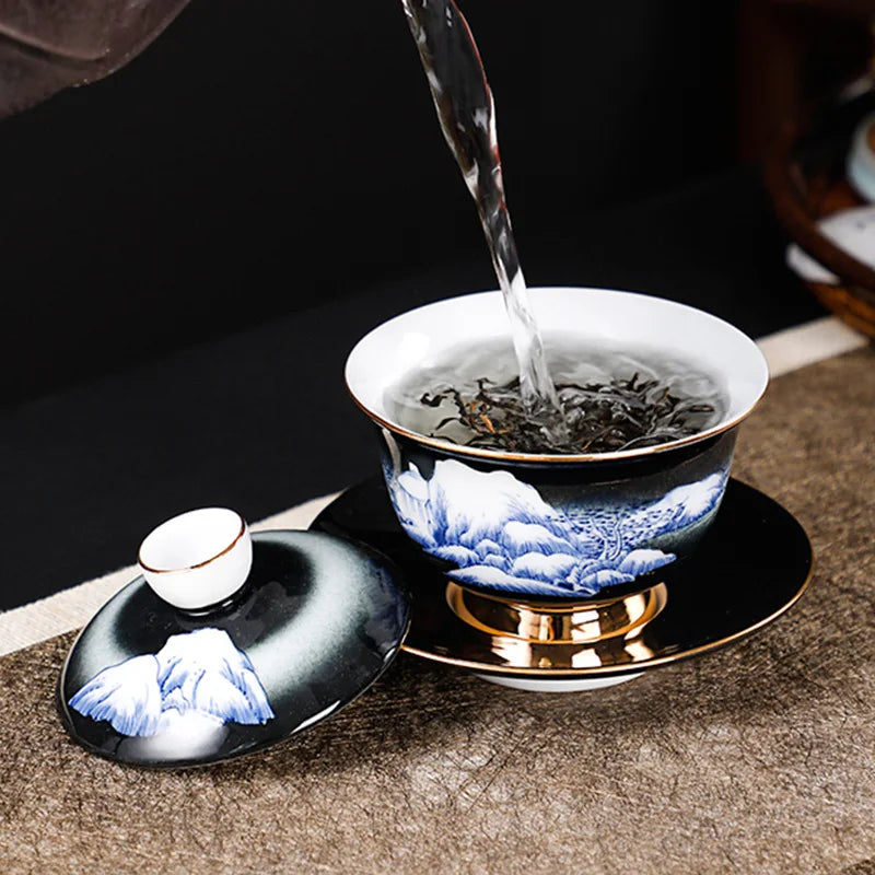 handmade gaiwan under glaze porcelain tureen handpainted mountain river creative artwork covered bowl with lid cup saucer 150ml
