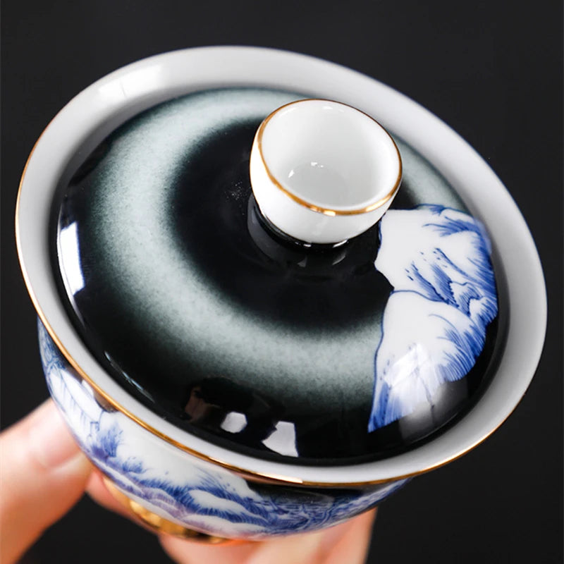 handmade gaiwan under glaze porcelain tureen handpainted mountain river creative artwork covered bowl with lid cup saucer 150ml