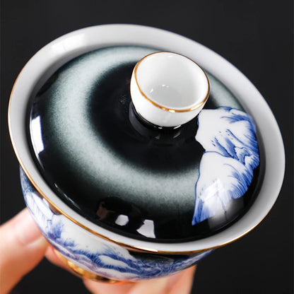handmade gaiwan under glaze porcelain tureen handpainted mountain river creative artwork covered bowl with lid cup saucer 150ml