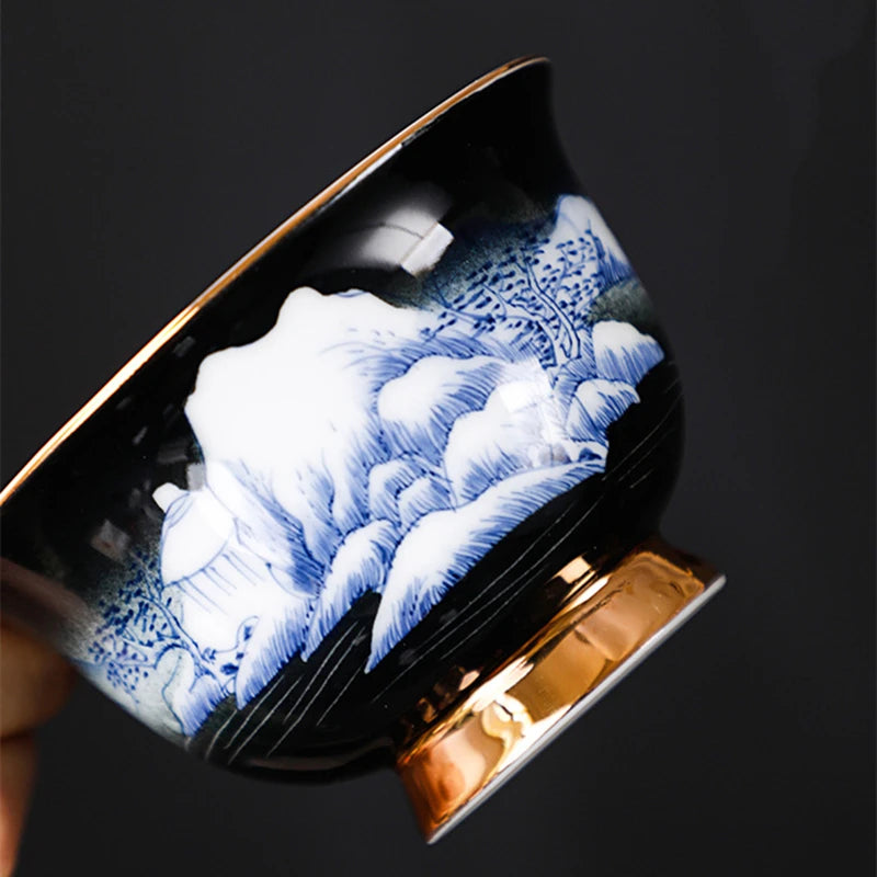 handmade gaiwan under glaze porcelain tureen handpainted mountain river creative artwork covered bowl with lid cup saucer 150ml