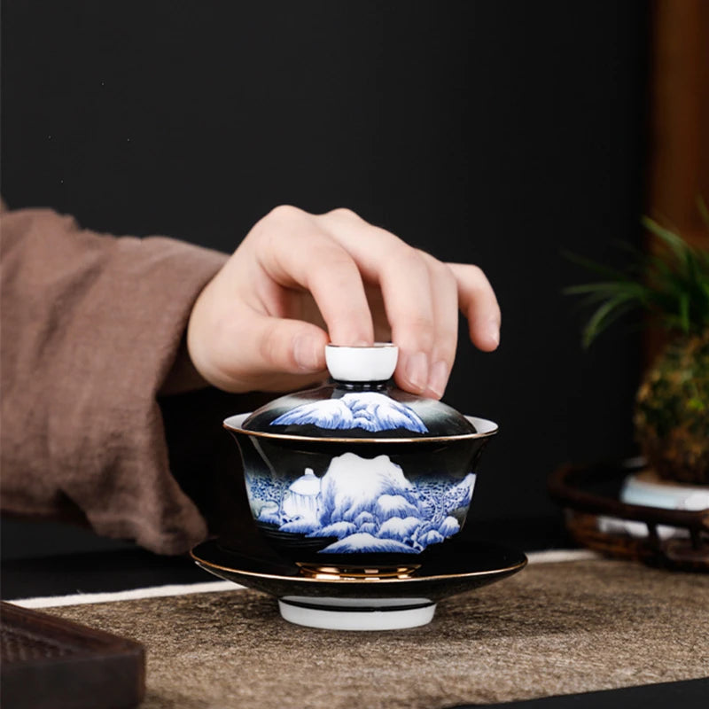 handmade gaiwan under glaze porcelain tureen handpainted mountain river creative artwork covered bowl with lid cup saucer 150ml