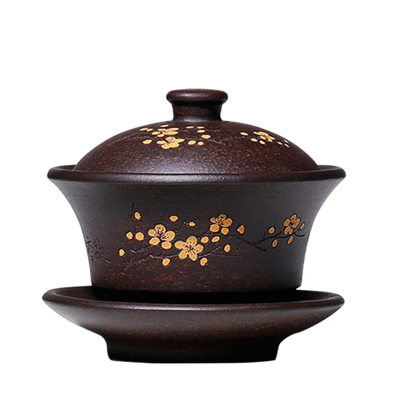 handmade gaiwan yixing zisha kungfu tea set floral carved marked tureen cup bowl set original ore purple grit saucer lid 150cc