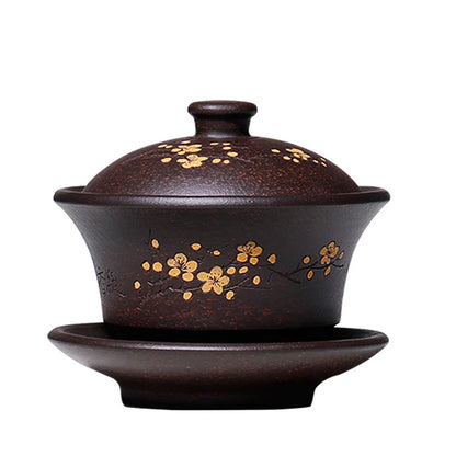 handmade gaiwan yixing zisha kungfu tea set floral carved marked tureen cup bowl set original ore purple grit saucer lid 150cc