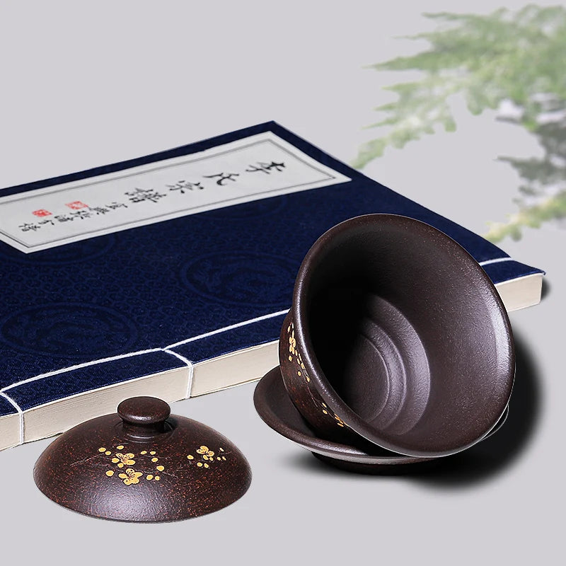 handmade gaiwan yixing zisha kungfu tea set floral carved marked tureen cup bowl set original ore purple grit saucer lid 150cc