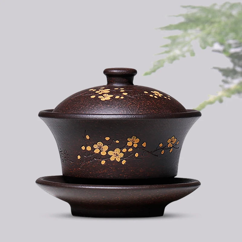 handmade gaiwan yixing zisha kungfu tea set floral carved marked tureen cup bowl set original ore purple grit saucer lid 150cc