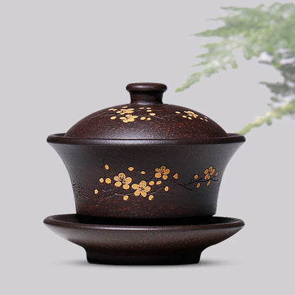 handmade gaiwan yixing zisha kungfu tea set floral carved marked tureen cup bowl set original ore purple grit saucer lid 150cc
