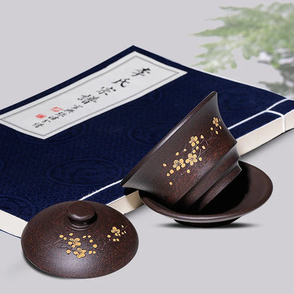 handmade gaiwan yixing zisha kungfu tea set floral carved marked tureen cup bowl set original ore purple grit saucer lid 150cc