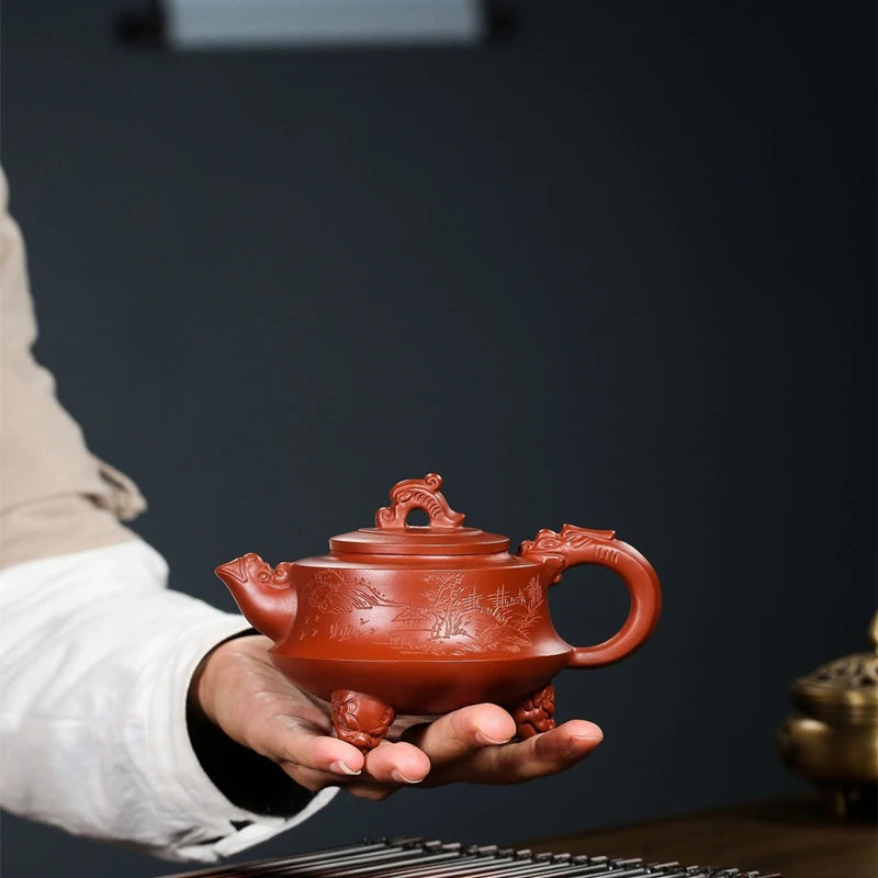 handmade marked tea pot with 3 feet certificate paper master pot dragon design hand carved real yixing zisha dahongpao clay pots