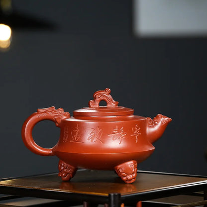 handmade marked tea pot with 3 feet certificate paper master pot dragon design hand carved real yixing zisha dahongpao clay pots