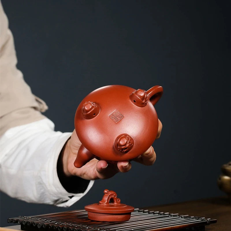 handmade marked tea pot with 3 feet certificate paper master pot dragon design hand carved real yixing zisha dahongpao clay pots