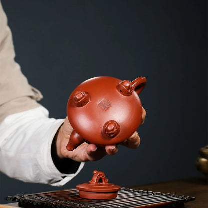 handmade marked tea pot with 3 feet certificate paper master pot dragon design hand carved real yixing zisha dahongpao clay pots