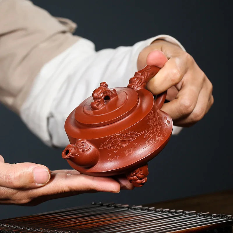handmade marked tea pot with 3 feet certificate paper master pot dragon design hand carved real yixing zisha dahongpao clay pots