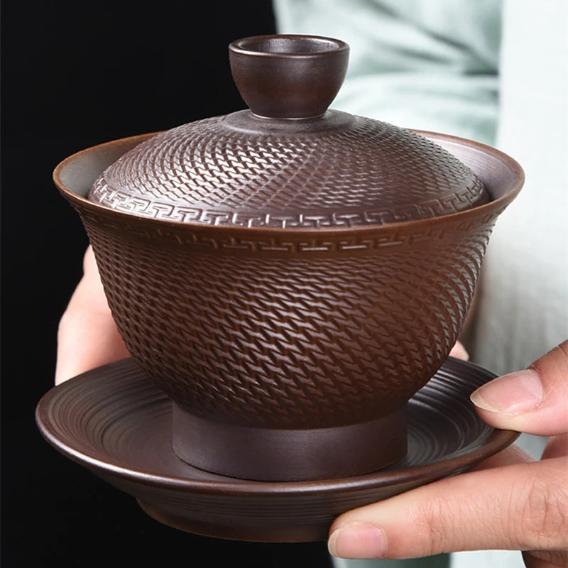 handmade pottery gaiwan kungfu tea cup bowl with saucer creative TiaoDao craft tureen Chinese covered bowl set on sales 180ml