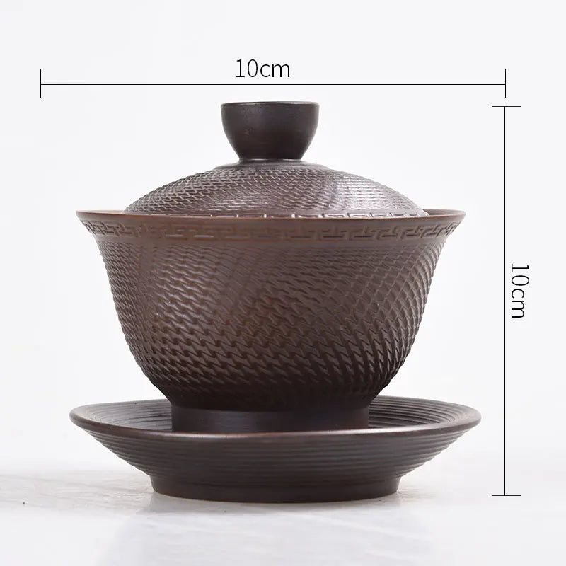 handmade pottery gaiwan kungfu tea cup bowl with saucer creative TiaoDao craft tureen Chinese covered bowl set on sales 180ml