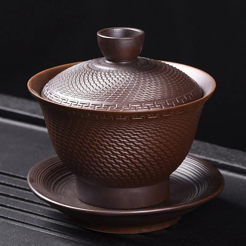 handmade pottery gaiwan kungfu tea cup bowl with saucer creative TiaoDao craft tureen Chinese covered bowl set on sales 180ml
