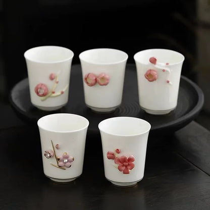 handmade tea cup porcelain floral embossed carved relief 80ml Chinese kungfu cup ceramic for lady holiday gift