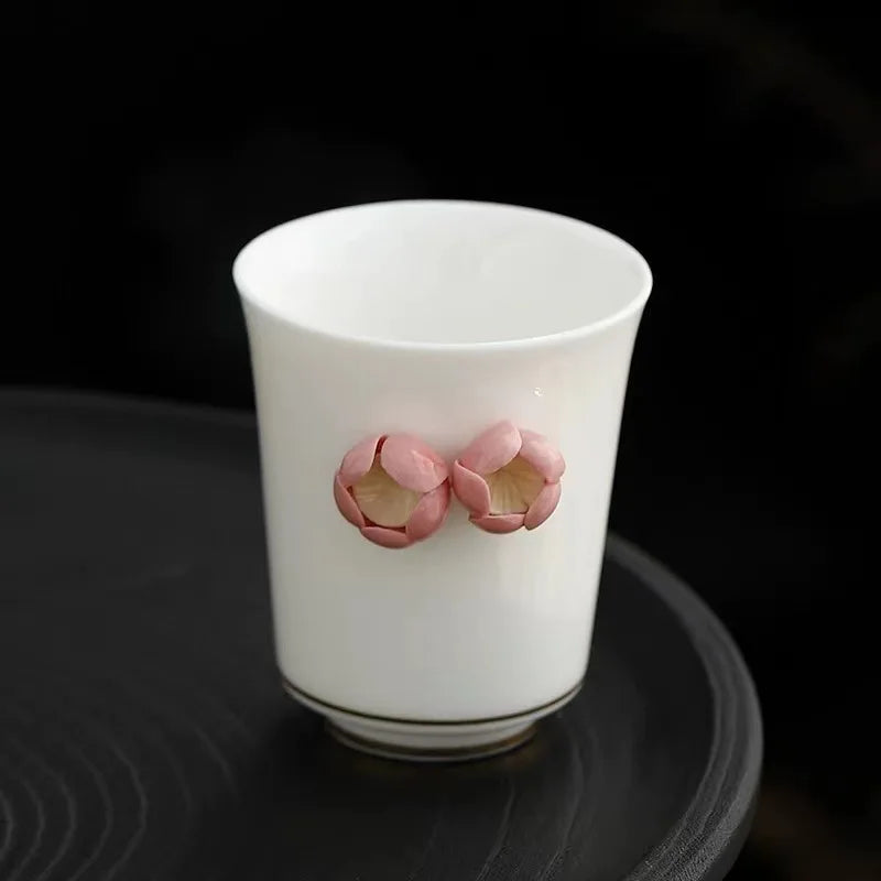 handmade tea cup porcelain floral embossed carved relief 80ml Chinese kungfu cup ceramic for lady holiday gift