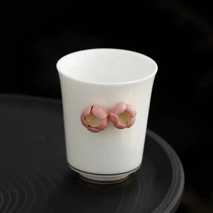 handmade tea cup porcelain floral embossed carved relief 80ml Chinese kungfu cup ceramic for lady holiday gift