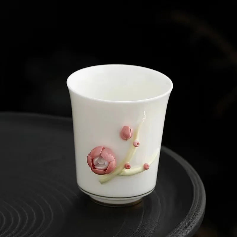 handmade tea cup porcelain floral embossed carved relief 80ml Chinese kungfu cup ceramic for lady holiday gift