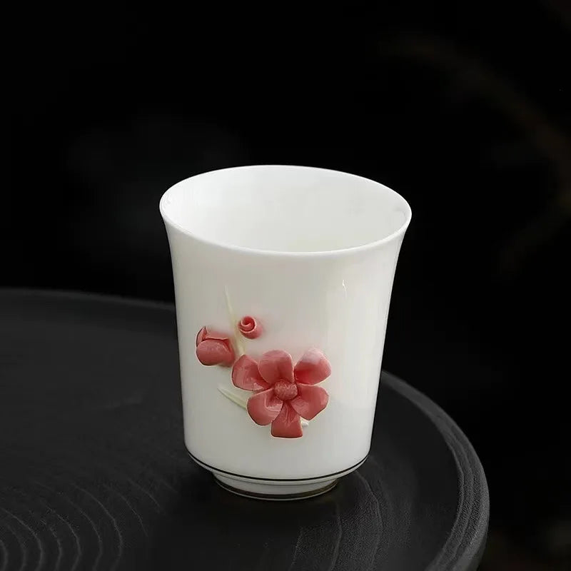 handmade tea cup porcelain floral embossed carved relief 80ml Chinese kungfu cup ceramic for lady holiday gift