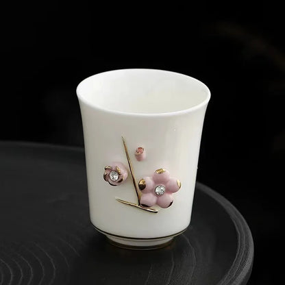 handmade tea cup porcelain floral embossed carved relief 80ml Chinese kungfu cup ceramic for lady holiday gift
