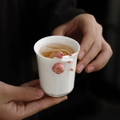 handmade tea cup porcelain floral embossed carved relief 80ml Chinese kungfu cup ceramic for lady holiday gift