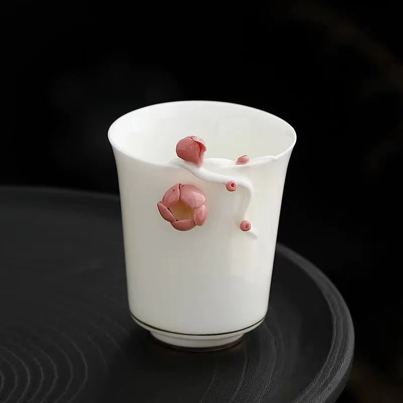 handmade tea cup porcelain floral embossed carved relief 80ml Chinese kungfu cup ceramic for lady holiday gift