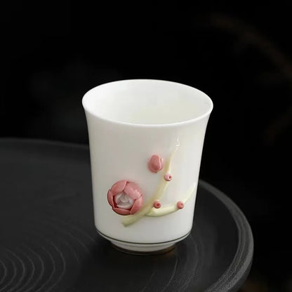 handmade tea cup porcelain floral embossed carved relief 80ml Chinese kungfu cup ceramic for lady holiday gift
