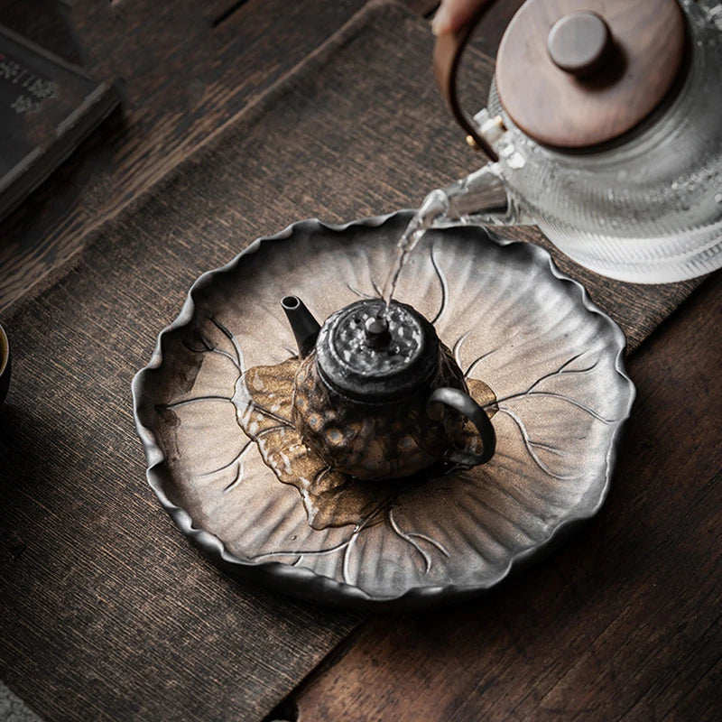 handmade tea plate for pot cup ceramic pottery serving tray water reservoir antique style iron rust glaze design mat holder new