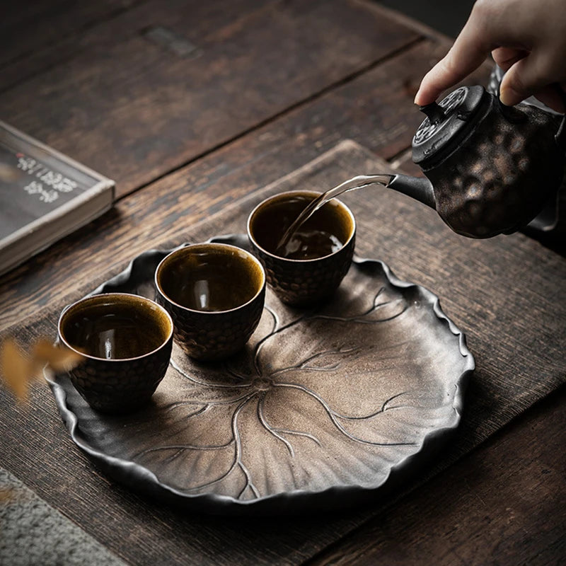 handmade tea plate for pot cup ceramic pottery serving tray water reservoir antique style iron rust glaze design mat holder new