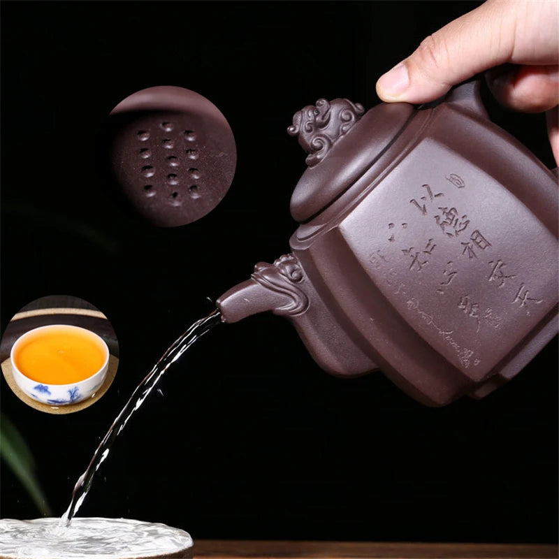 handmade tea pot 13 infuser holes Chinese characters carved pot marked kungfu pot set China real yixing zisha pot of tea new