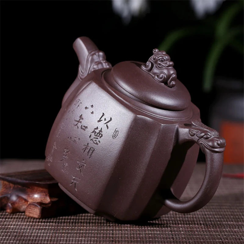 handmade tea pot 13 infuser holes Chinese characters carved pot marked kungfu pot set China real yixing zisha pot of tea new