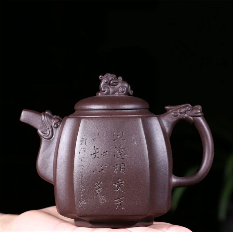 handmade tea pot 13 infuser holes Chinese characters carved pot marked kungfu pot set China real yixing zisha pot of tea new