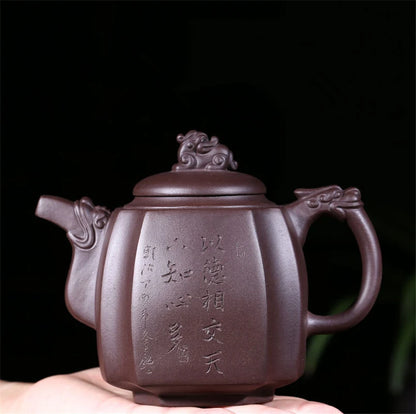 handmade tea pot 13 infuser holes Chinese characters carved pot marked kungfu pot set China real yixing zisha pot of tea new