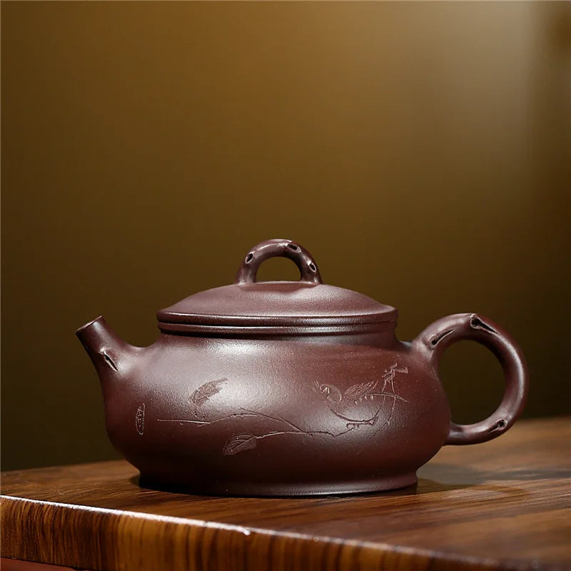 handmade tea pot bird on branch Chinese character carved master pots marked true yixing zisha purple grit clay with certificate