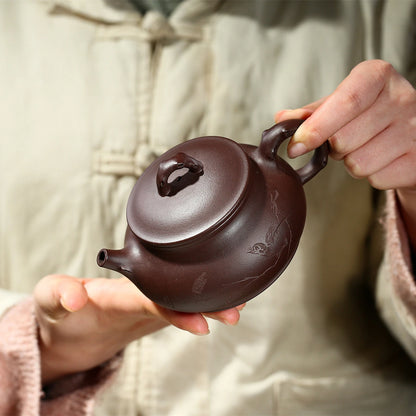 handmade tea pot bird on branch Chinese character carved master pots marked true yixing zisha purple grit clay with certificate