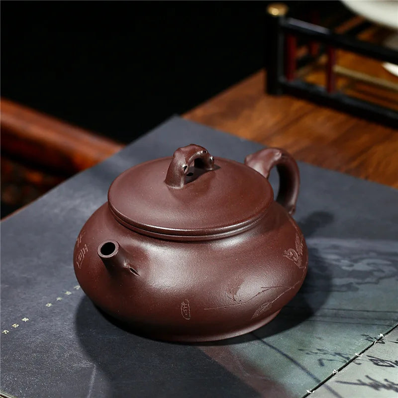 handmade tea pot bird on branch Chinese character carved master pots marked true yixing zisha purple grit clay with certificate