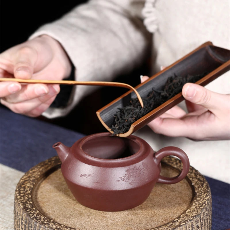 handmade tea pot engraved real yixing zisha pot marked original ore purple grit kungfu pot of tea 250ml 7 infuser holes