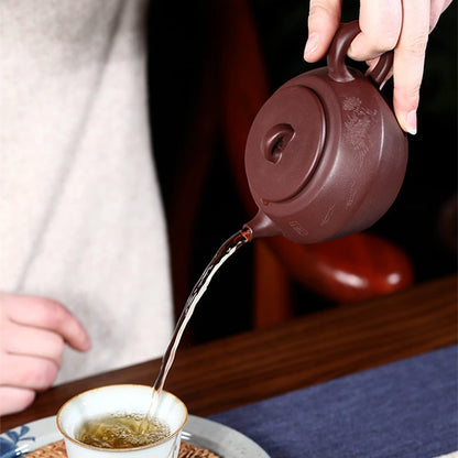 handmade tea pot engraved real yixing zisha pot marked original ore purple grit kungfu pot of tea 250ml 7 infuser holes