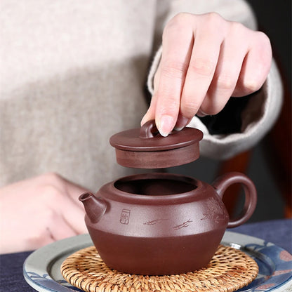 handmade tea pot engraved real yixing zisha pot marked original ore purple grit kungfu pot of tea 250ml 7 infuser holes