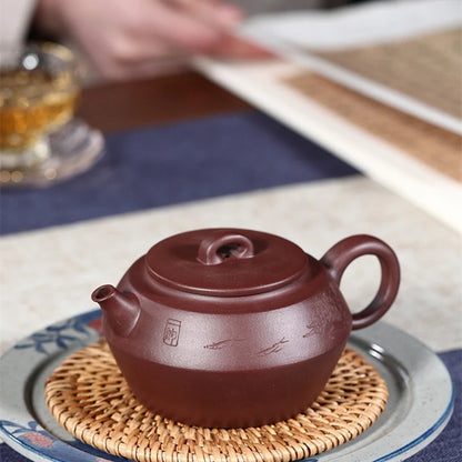 handmade tea pot engraved real yixing zisha pot marked original ore purple grit kungfu pot of tea 250ml 7 infuser holes