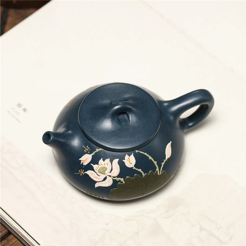 handmade tea pot on big sales original ore tianqing clay real yixing zisha purple grit shipiao pot lotus flower relief marked