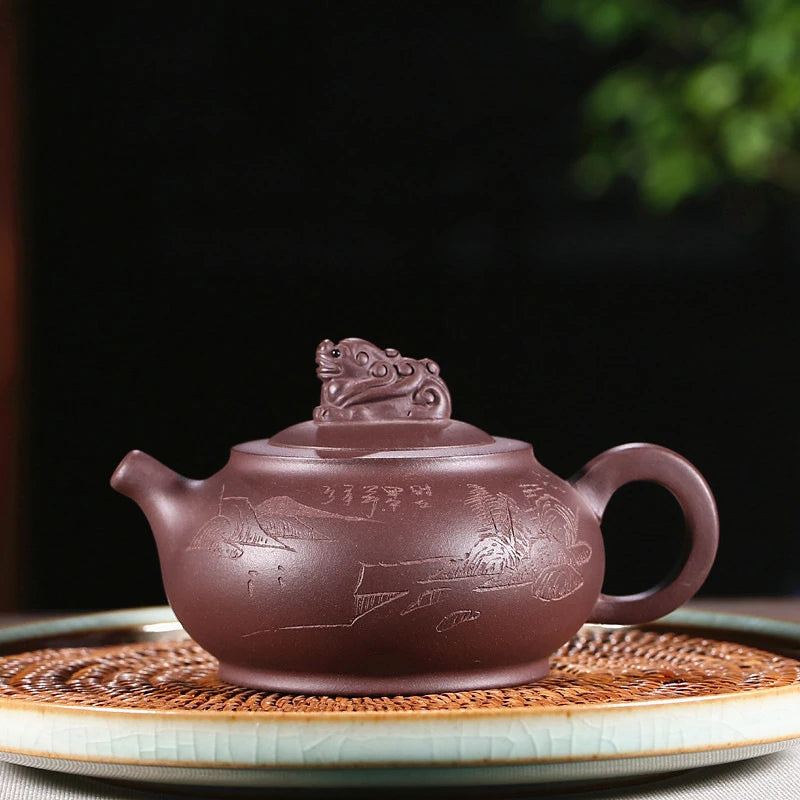 handmade tea pot on sales Chinese kungfu carved animal statue 250ml real yixing zisha original ore purple grit pot of tea new