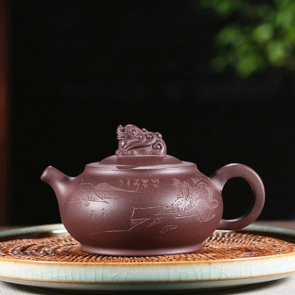 handmade tea pot on sales Chinese kungfu carved animal statue 250ml real yixing zisha original ore purple grit pot of tea new