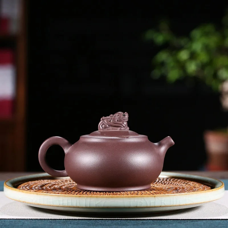 handmade tea pot on sales Chinese kungfu carved animal statue 250ml real yixing zisha original ore purple grit pot of tea new
