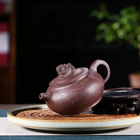 handmade tea pot on sales Chinese kungfu carved animal statue 250ml real yixing zisha original ore purple grit pot of tea new