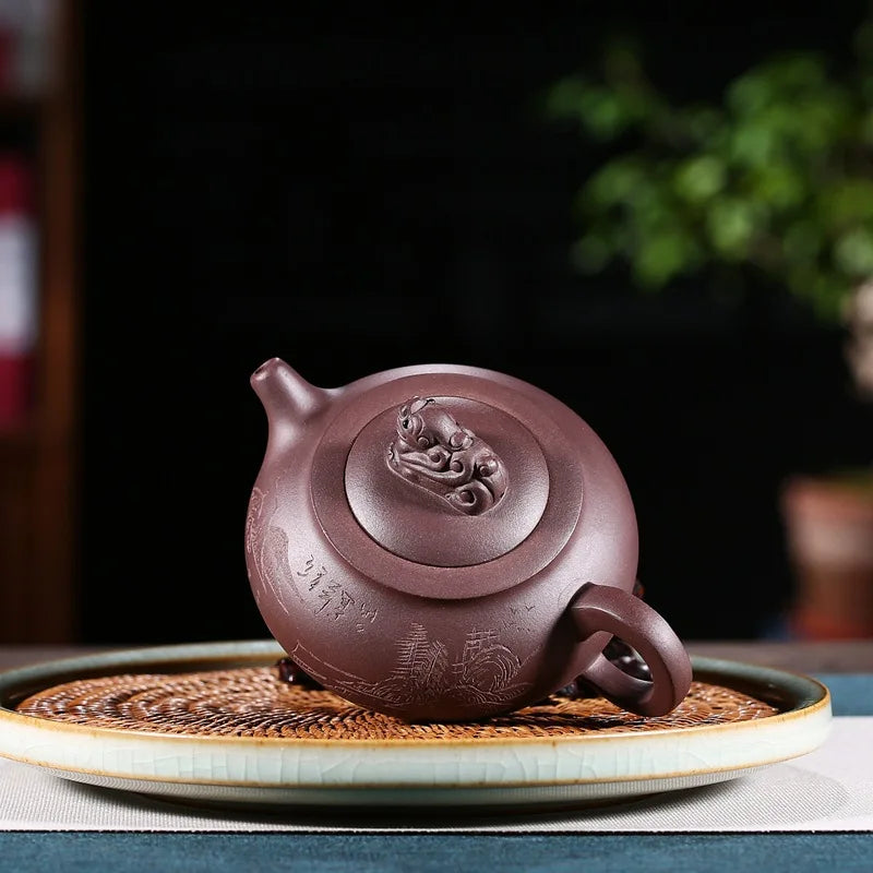 handmade tea pot on sales Chinese kungfu carved animal statue 250ml real yixing zisha original ore purple grit pot of tea new
