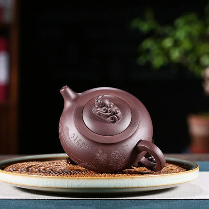 handmade tea pot on sales Chinese kungfu carved animal statue 250ml real yixing zisha original ore purple grit pot of tea new