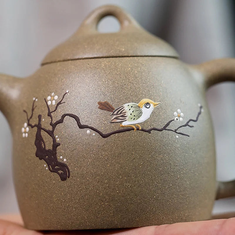 handmade tea pot on sales bird on branch relief real yixing zisha douqing clay marked true purple grit kungfu pot made in China