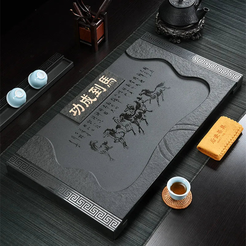 handmade tea tray horse print success symbol weighted heavy black stone tea table for Chinese kungfu tea set L68cm serving trays
